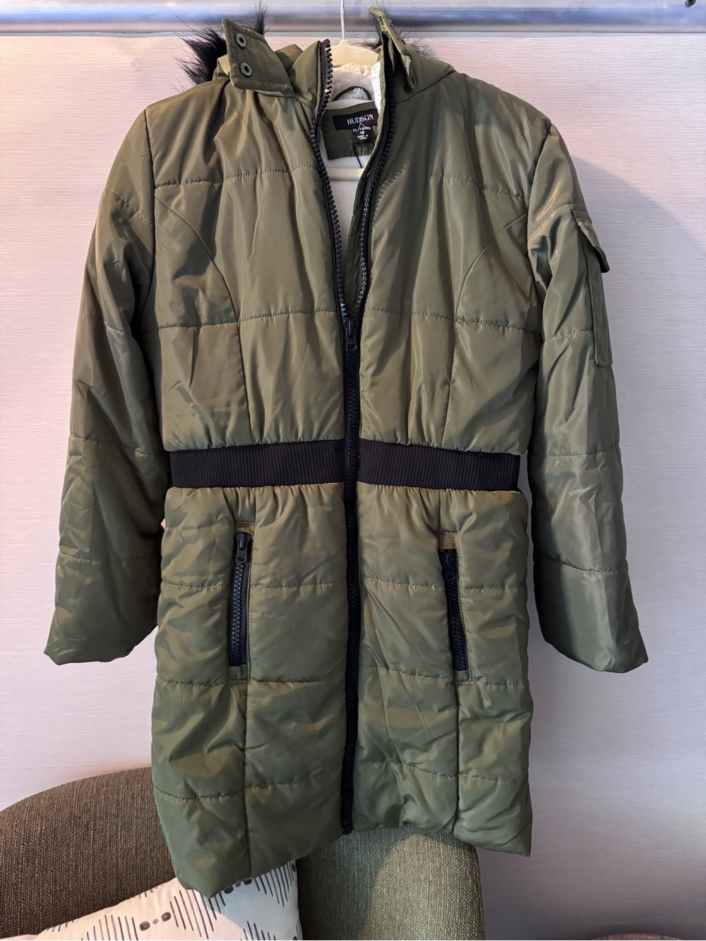 Hudson Warm Olive Quilted Hooded Coat